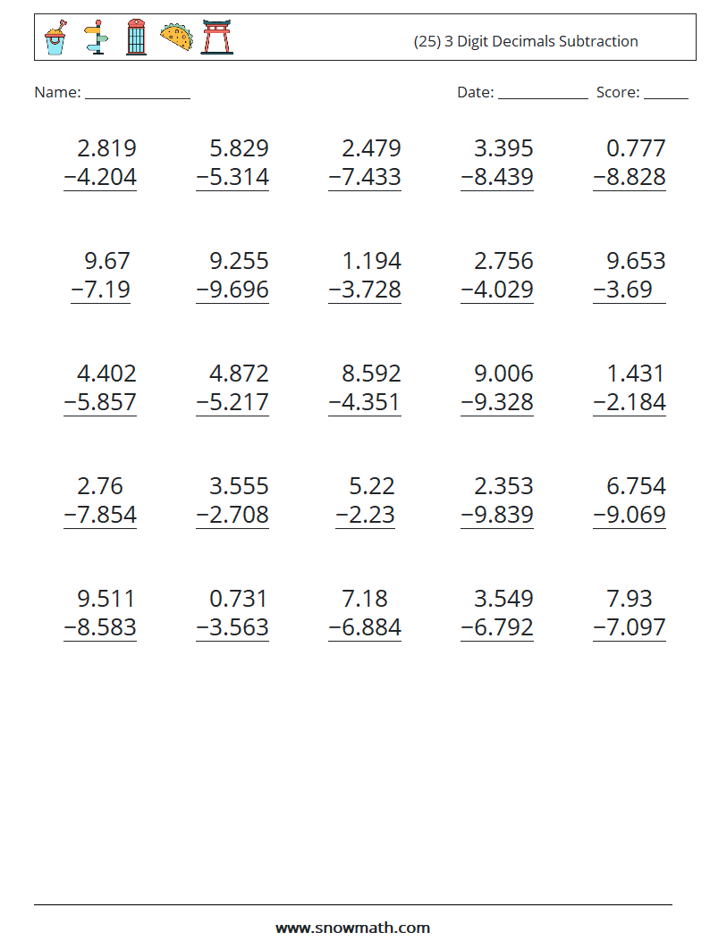 (25) 3 Digit Decimals Subtraction Math Worksheets 12