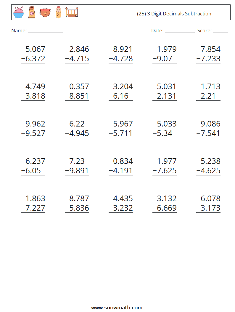 (25) 3 Digit Decimals Subtraction Math Worksheets 14