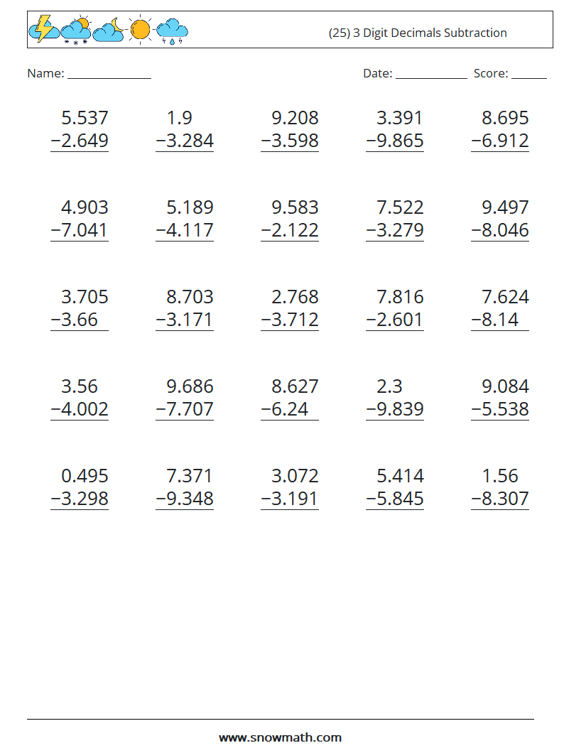 (25) 3 Digit Decimals Subtraction Maths Worksheets 15