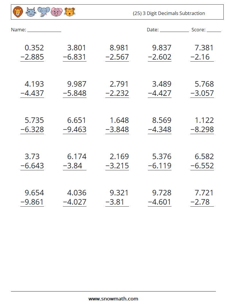 (25) 3 Digit Decimals Subtraction Math Worksheets 16