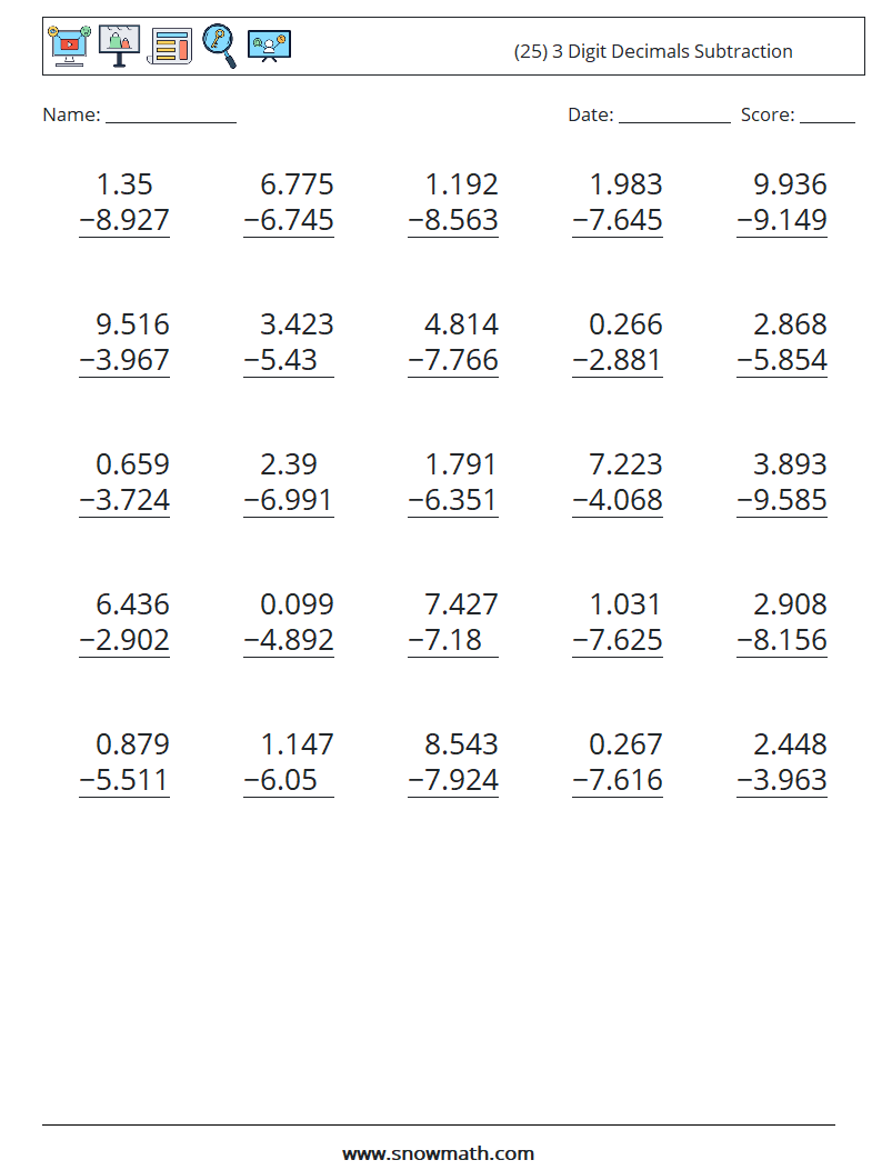 (25) 3 Digit Decimals Subtraction Math Worksheets 17