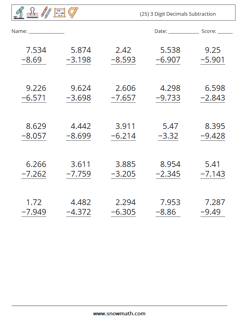 (25) 3 Digit Decimals Subtraction Math Worksheets 18