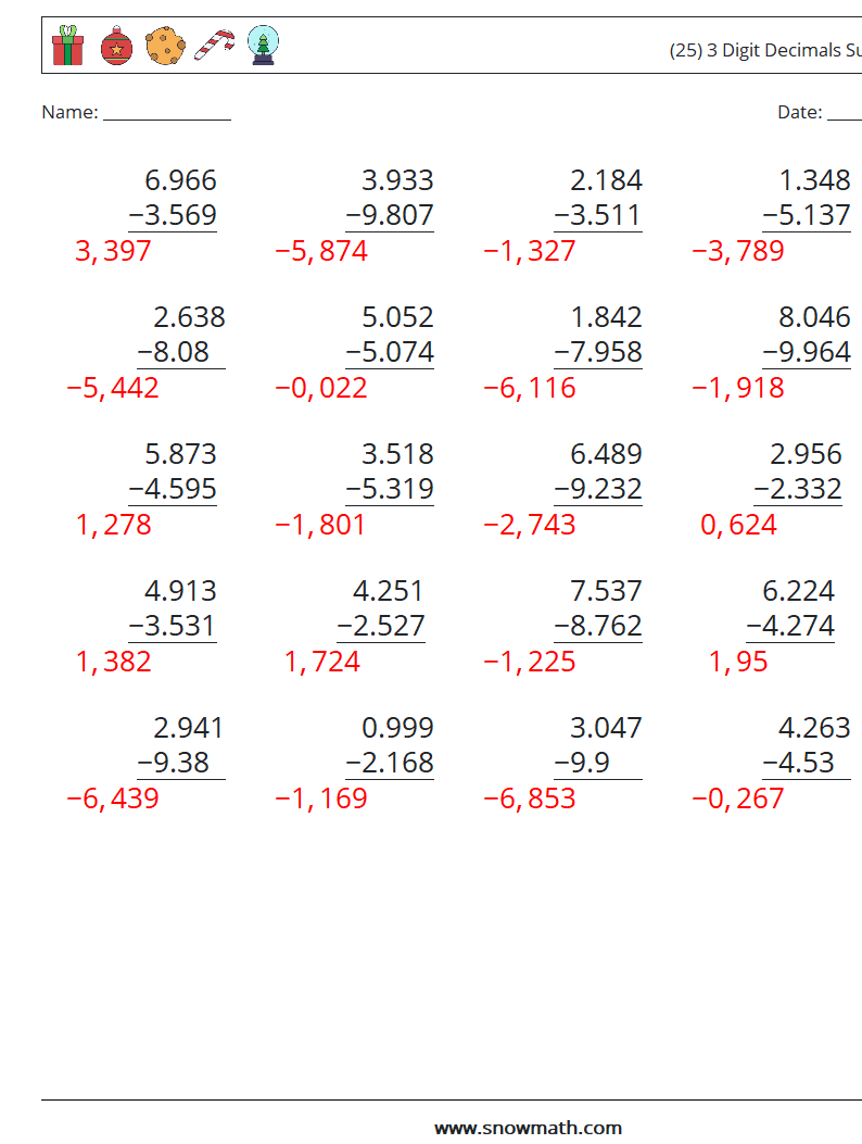 (25) 3 Digit Decimals Subtraction Math Worksheets 1 Question, Answer