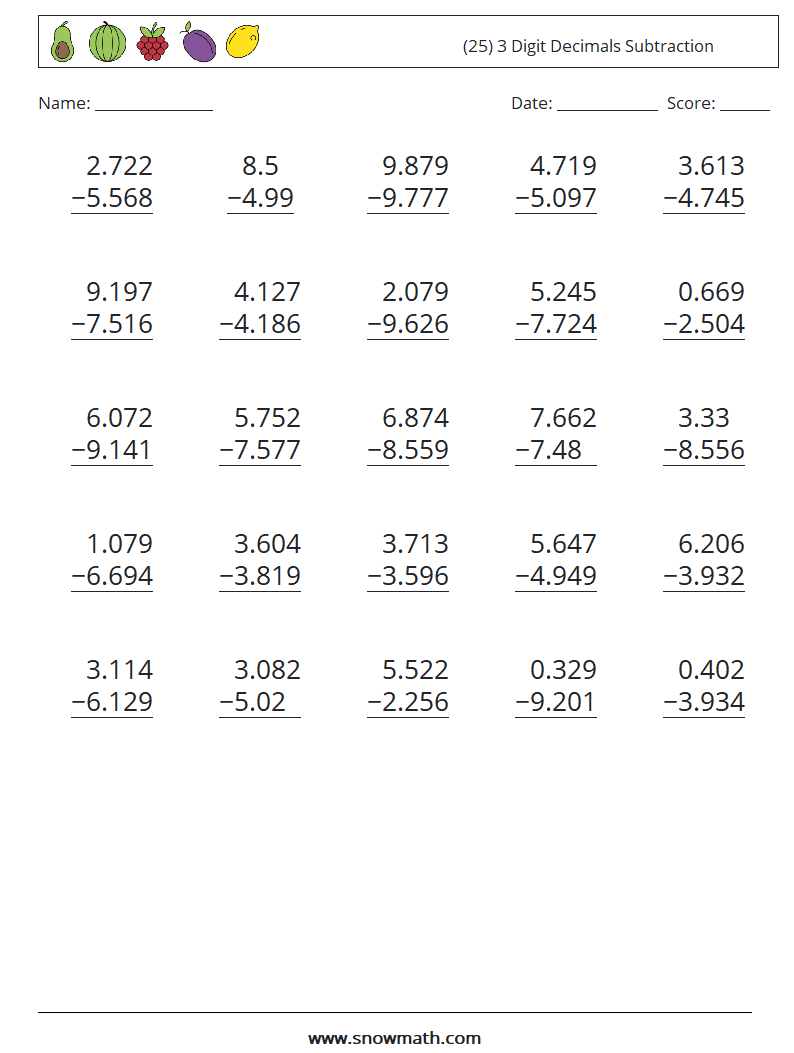 (25) 3 Digit Decimals Subtraction Maths Worksheets 2