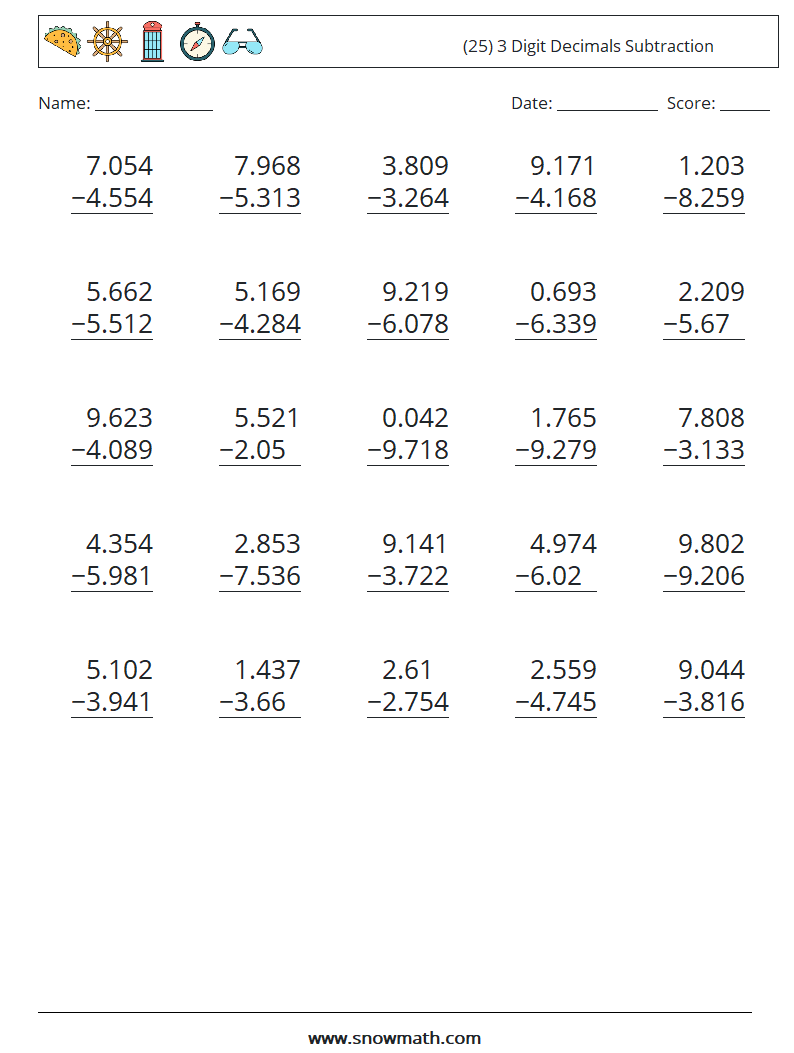 (25) 3 Digit Decimals Subtraction Math Worksheets 3