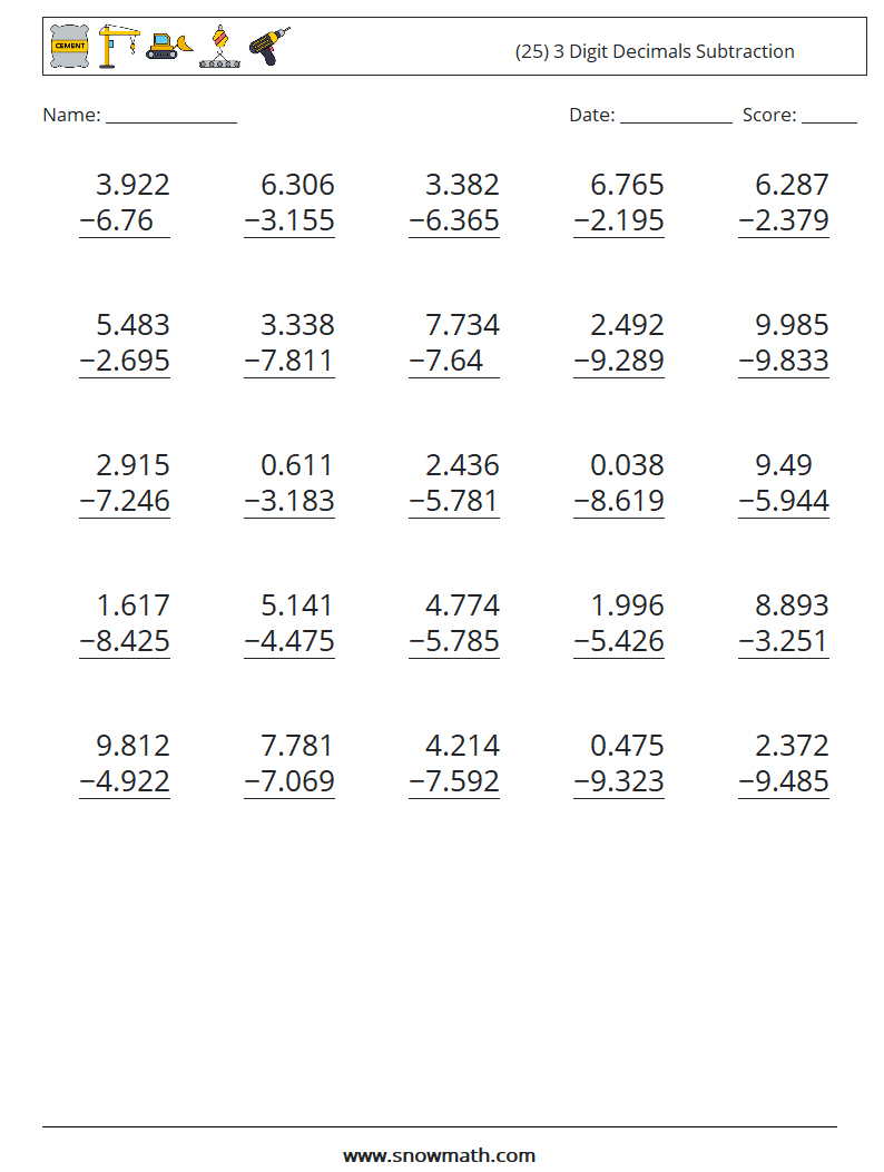 (25) 3 Digit Decimals Subtraction Maths Worksheets 4
