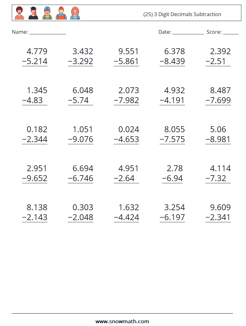 (25) 3 Digit Decimals Subtraction Maths Worksheets 5