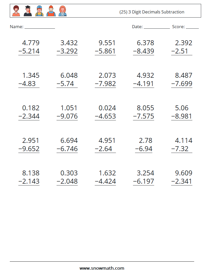 (25) 3 Digit Decimals Subtraction Math Worksheets 5