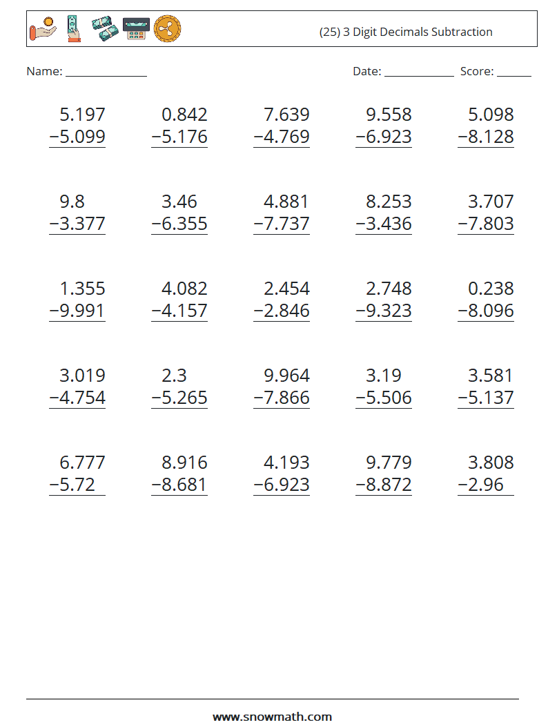 (25) 3 Digit Decimals Subtraction Math Worksheets 6