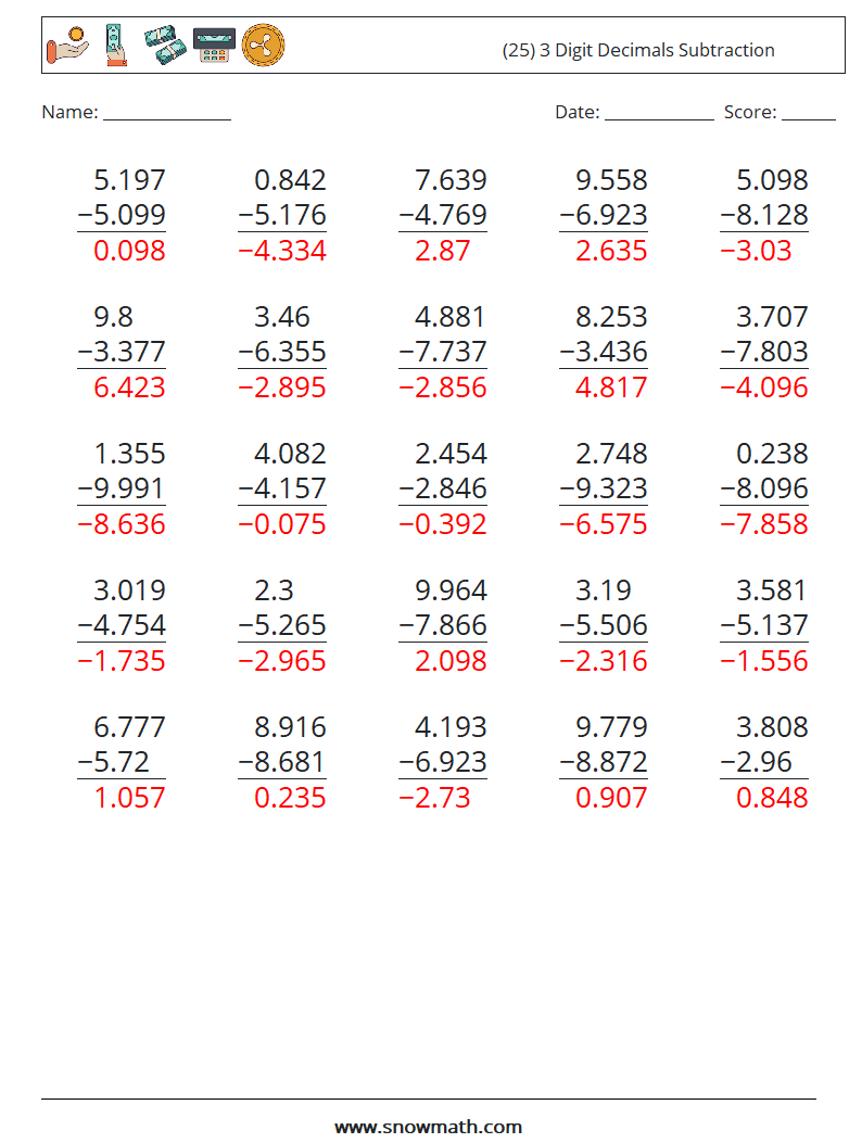 (25) 3 Digit Decimals Subtraction Math Worksheets 6 Question, Answer