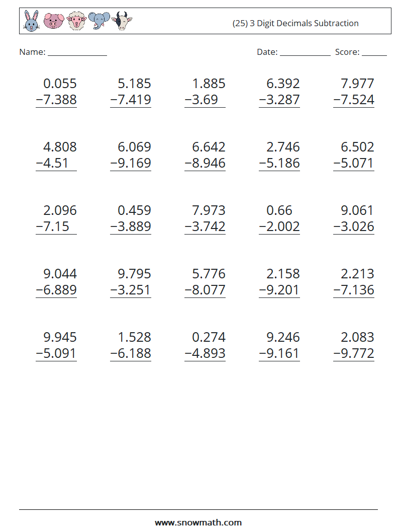 (25) 3 Digit Decimals Subtraction Maths Worksheets 7