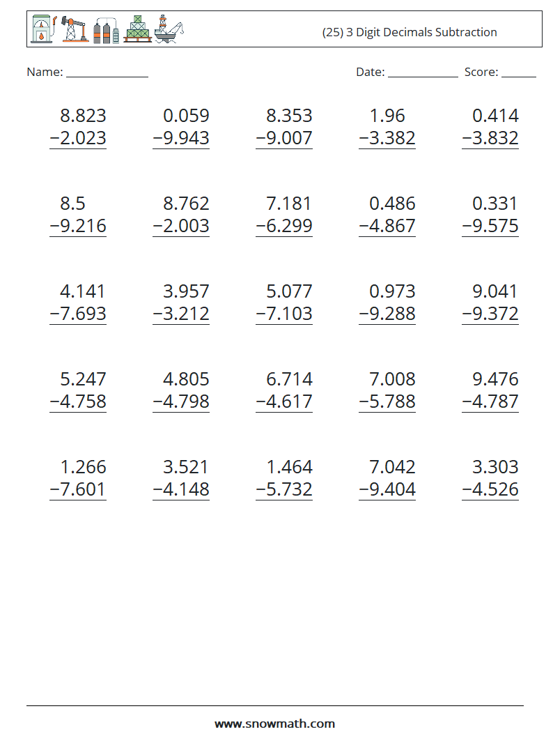 (25) 3 Digit Decimals Subtraction Maths Worksheets 8