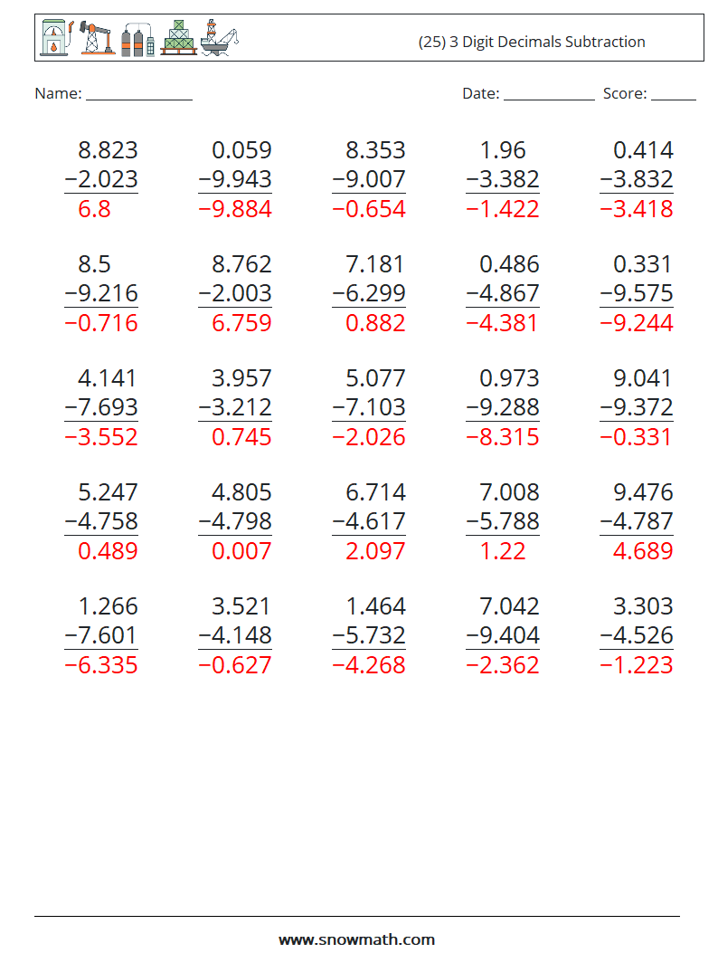(25) 3 Digit Decimals Subtraction Math Worksheets 8 Question, Answer