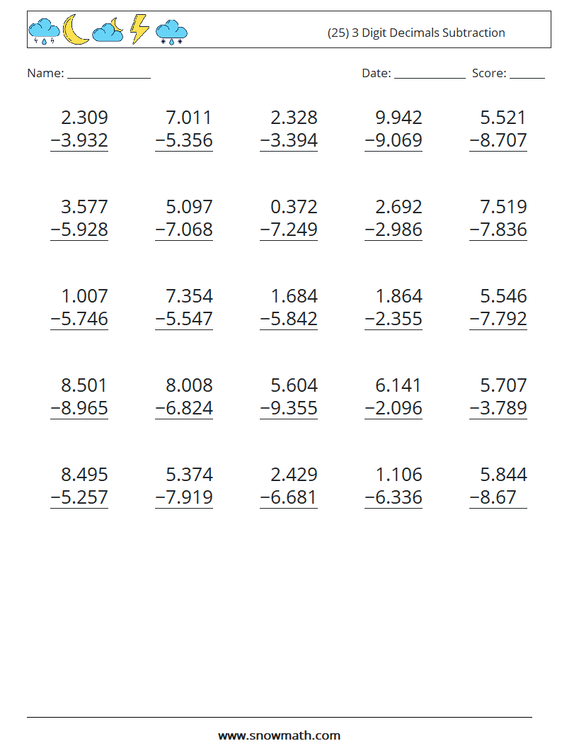 (25) 3 Digit Decimals Subtraction Math Worksheets 9