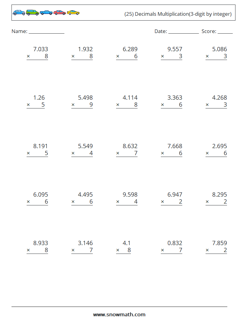 (25) Decimals Multiplication(3-digit by integer) Math Worksheets 10
