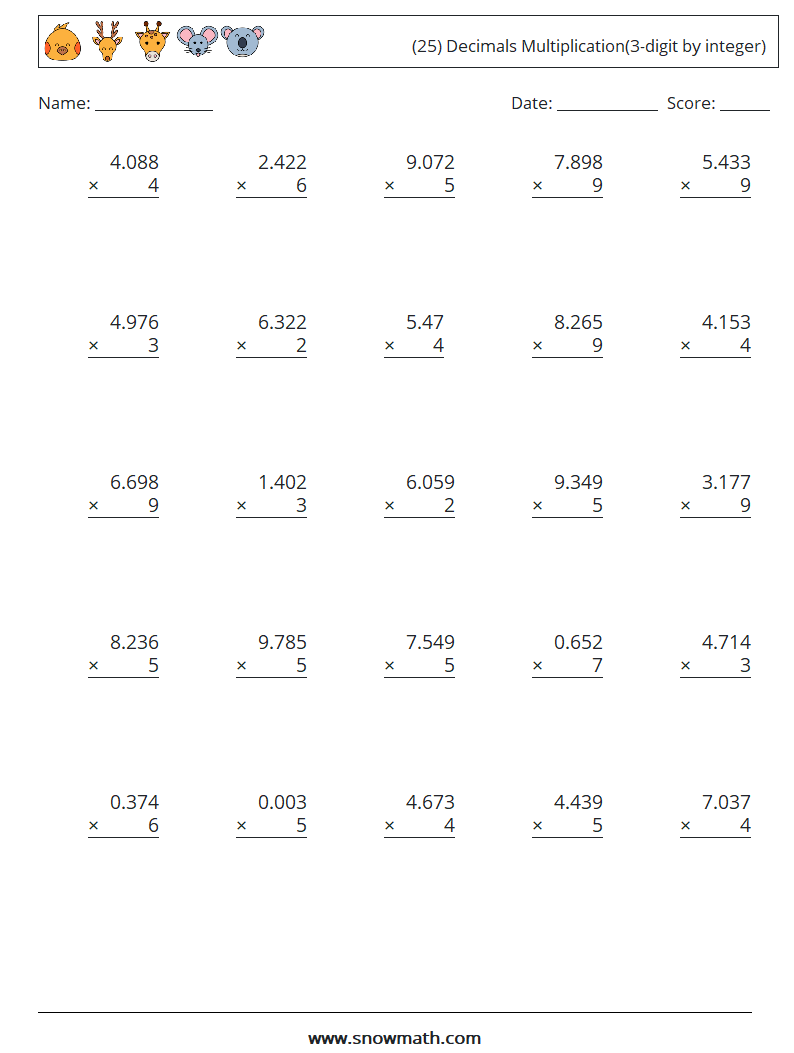 (25) Decimals Multiplication(3-digit by integer) Math Worksheets 11
