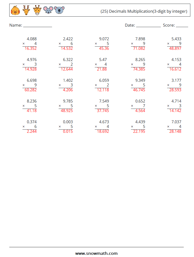 (25) Decimals Multiplication(3-digit by integer) Math Worksheets 11 Question, Answer