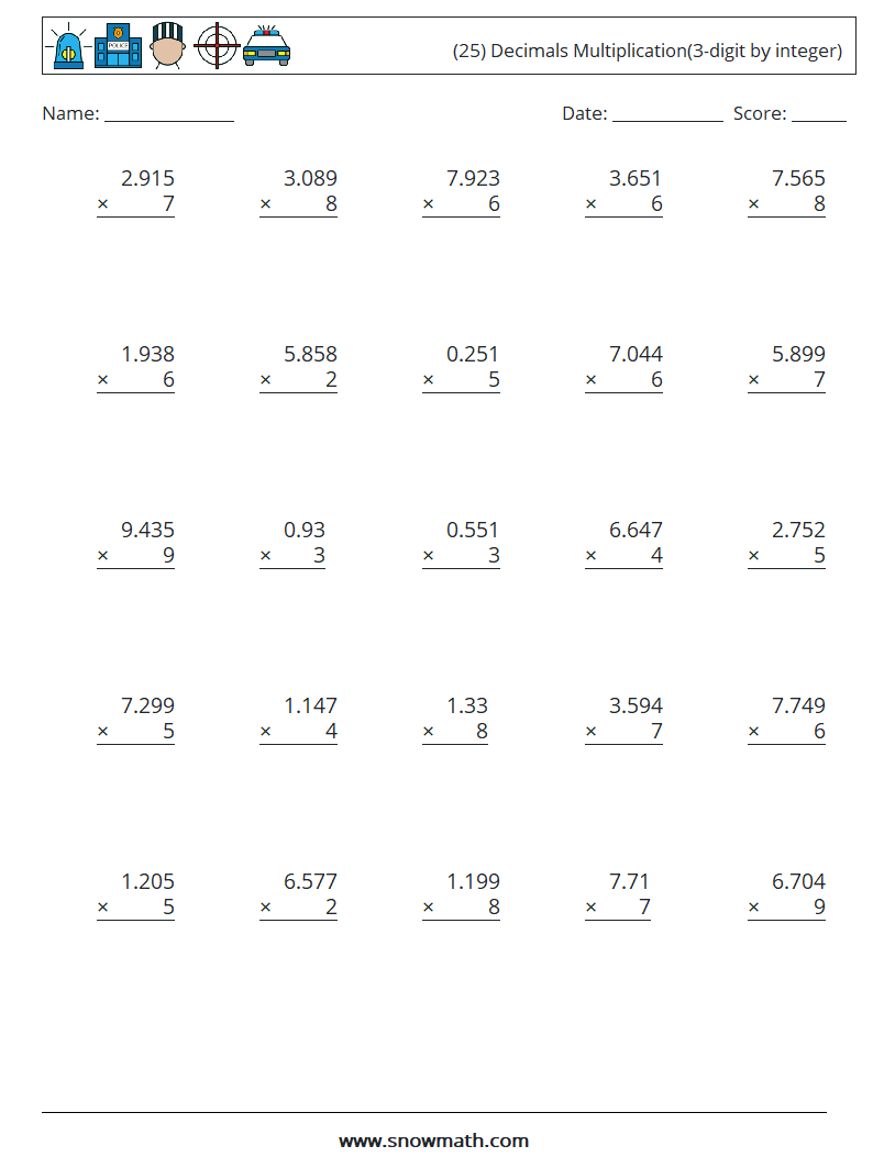 (25) Decimals Multiplication(3-digit by integer) Math Worksheets 12