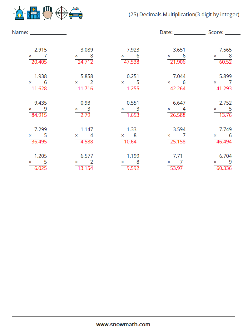 (25) Decimals Multiplication(3-digit by integer) Math Worksheets 12 Question, Answer