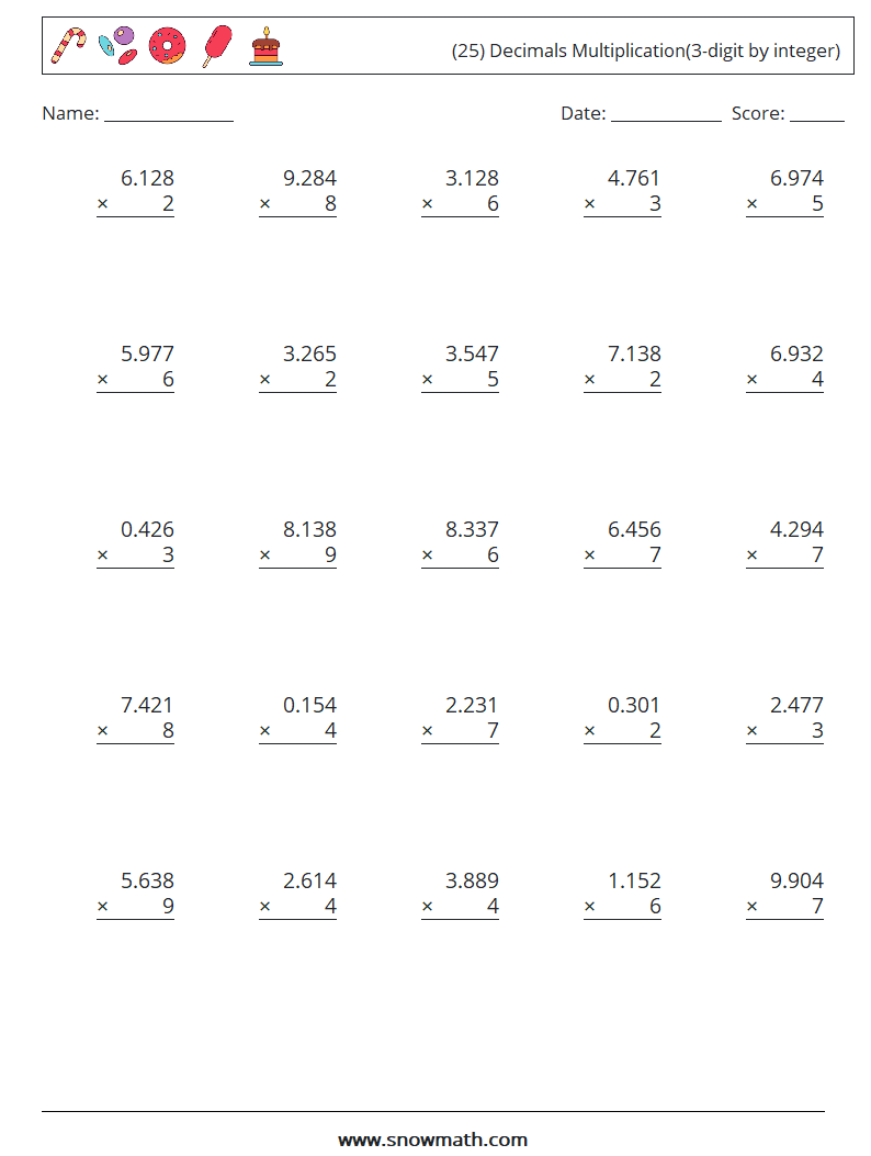 (25) Decimals Multiplication(3-digit by integer) Maths Worksheets 14
