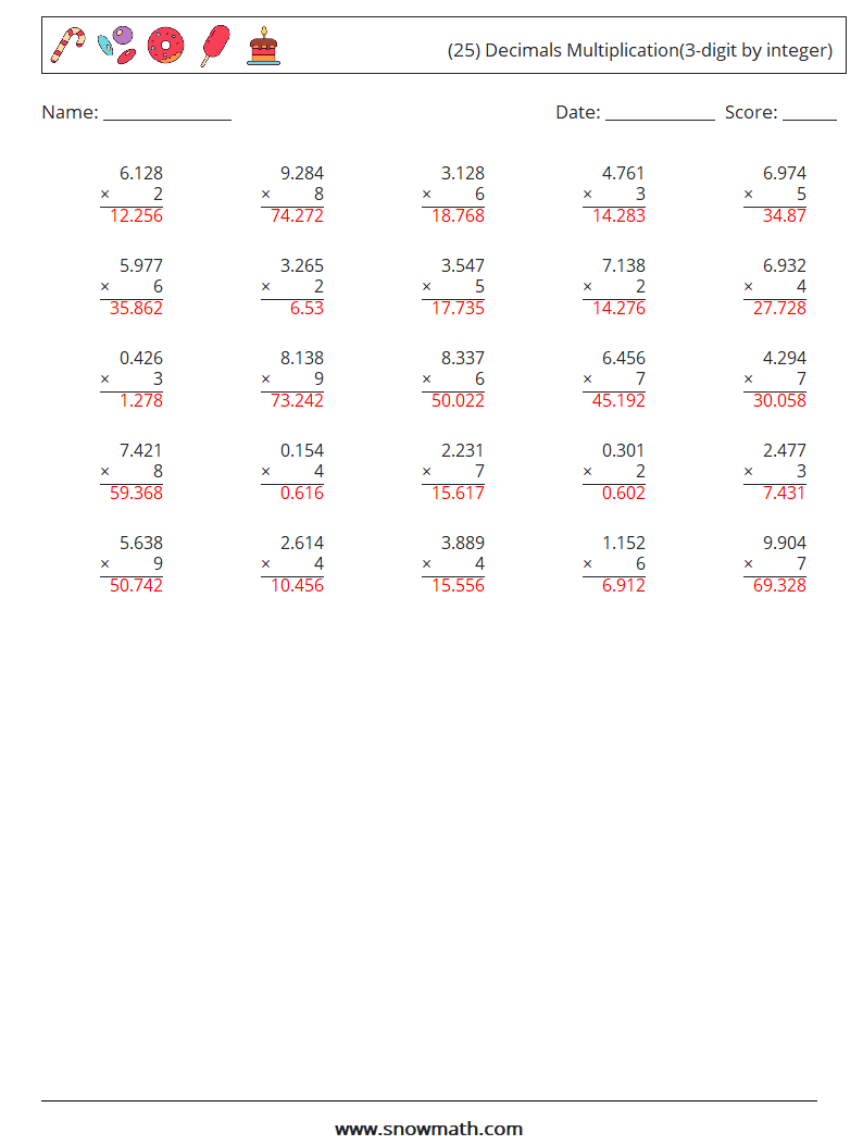 (25) Decimals Multiplication(3-digit by integer) Math Worksheets 14 Question, Answer