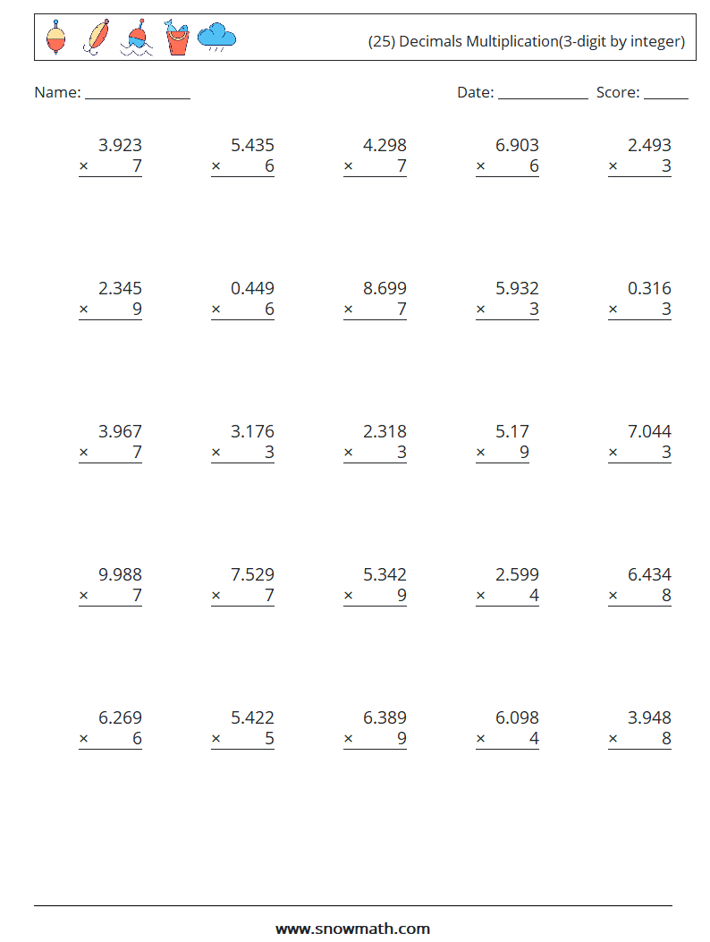 (25) Decimals Multiplication(3-digit by integer) Math Worksheets 15