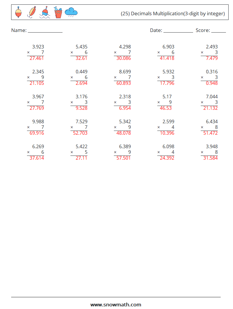 (25) Decimals Multiplication(3-digit by integer) Math Worksheets 15 Question, Answer