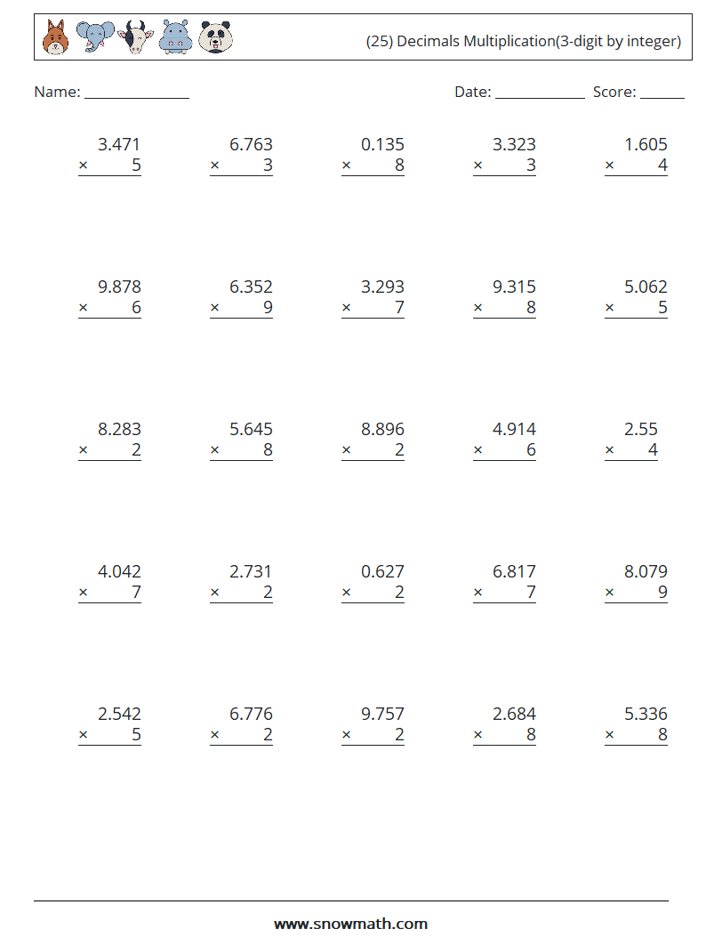 (25) Decimals Multiplication(3-digit by integer) Math Worksheets 16