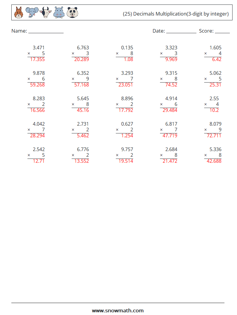 (25) Decimals Multiplication(3-digit by integer) Math Worksheets 16 Question, Answer