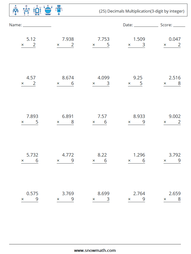 (25) Decimals Multiplication(3-digit by integer) Math Worksheets 17