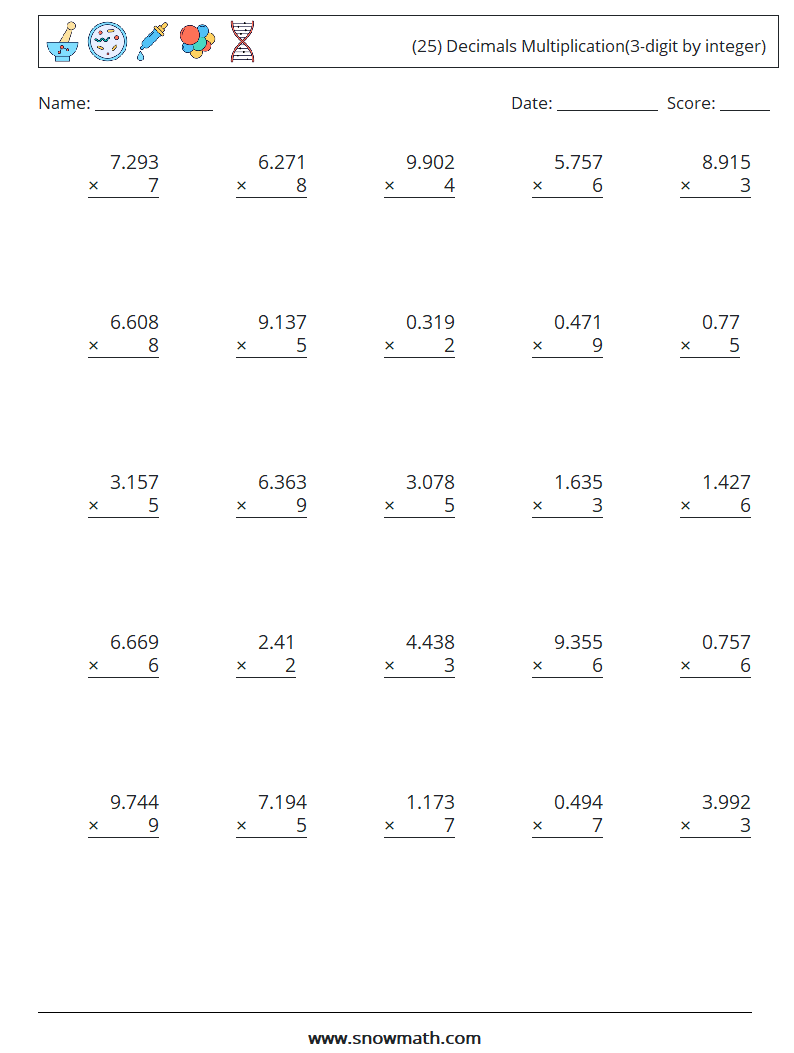 (25) Decimals Multiplication(3-digit by integer) Math Worksheets 18