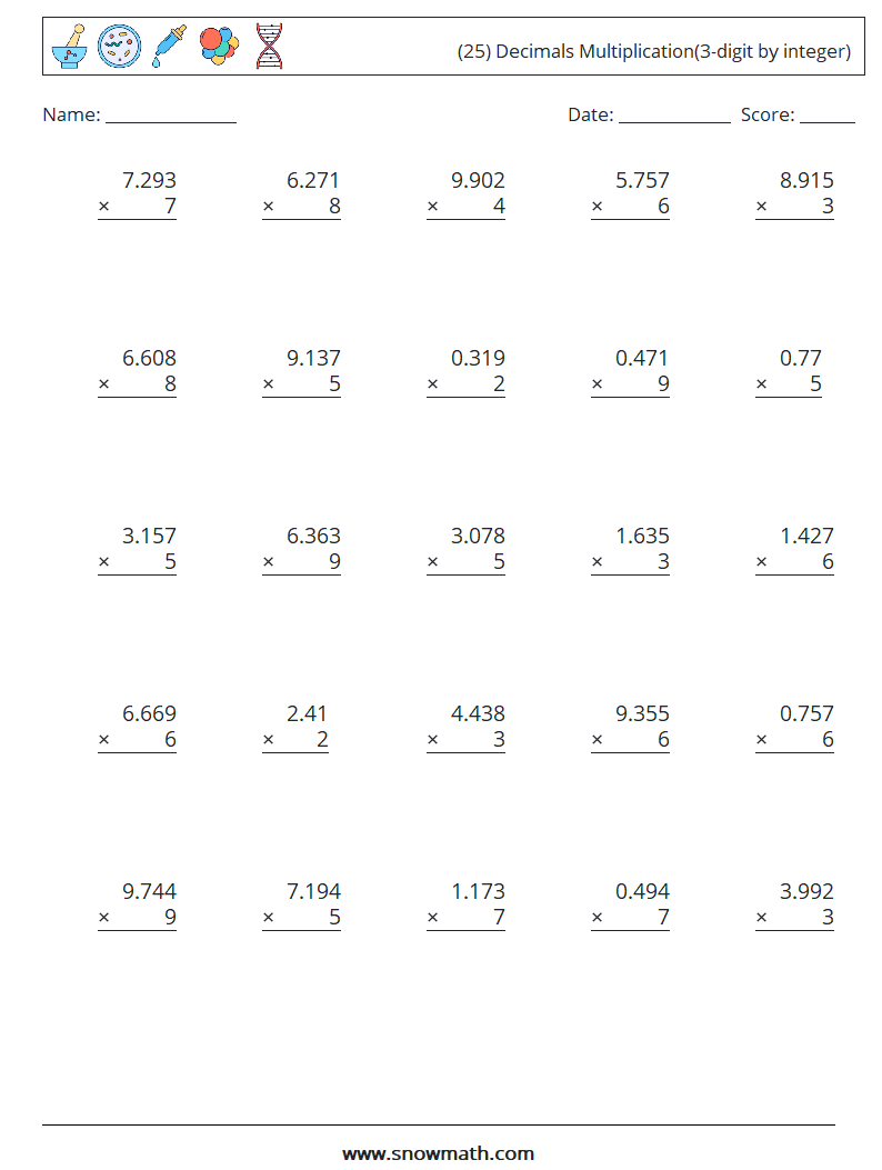 (25) Decimals Multiplication(3-digit by integer) Maths Worksheets 18