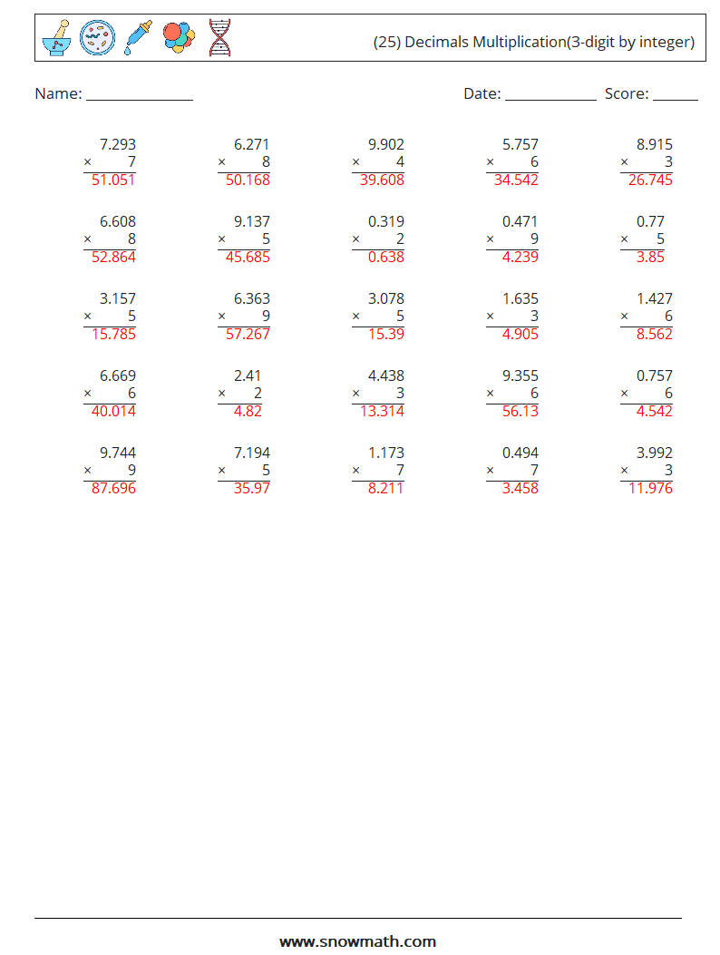 (25) Decimals Multiplication(3-digit by integer) Math Worksheets 18 Question, Answer