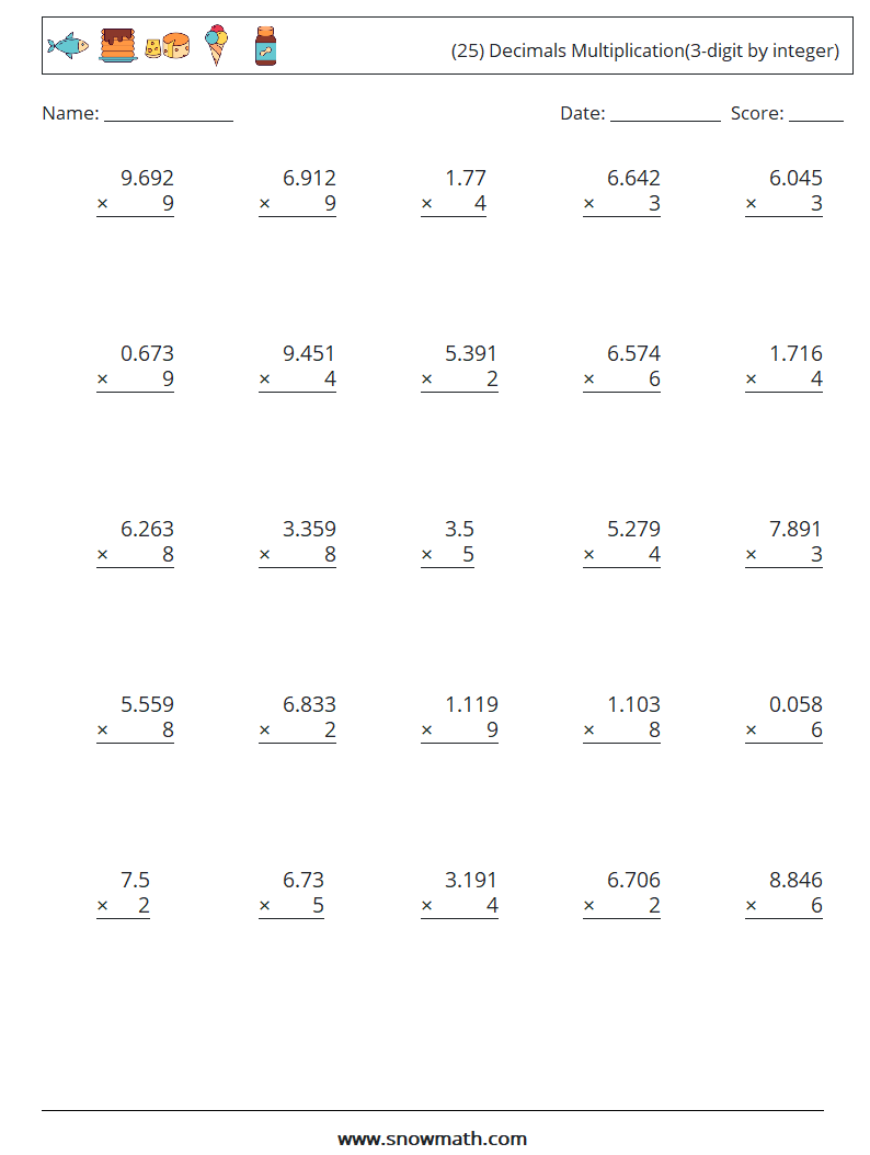 (25) Decimals Multiplication(3-digit by integer) Math Worksheets 2