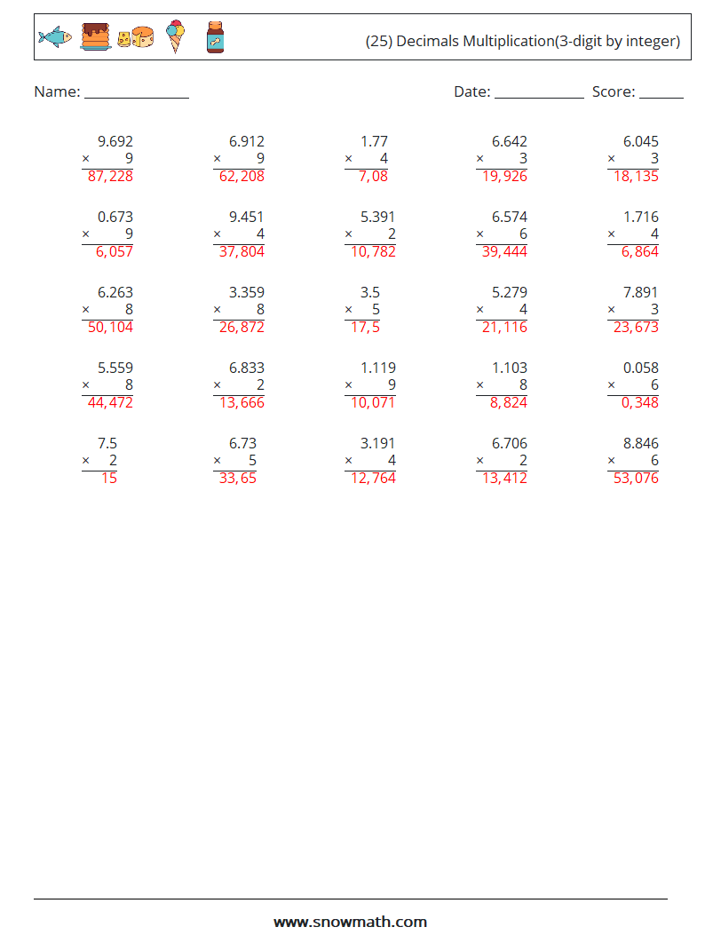 (25) Decimals Multiplication(3-digit by integer) Math Worksheets 2 Question, Answer