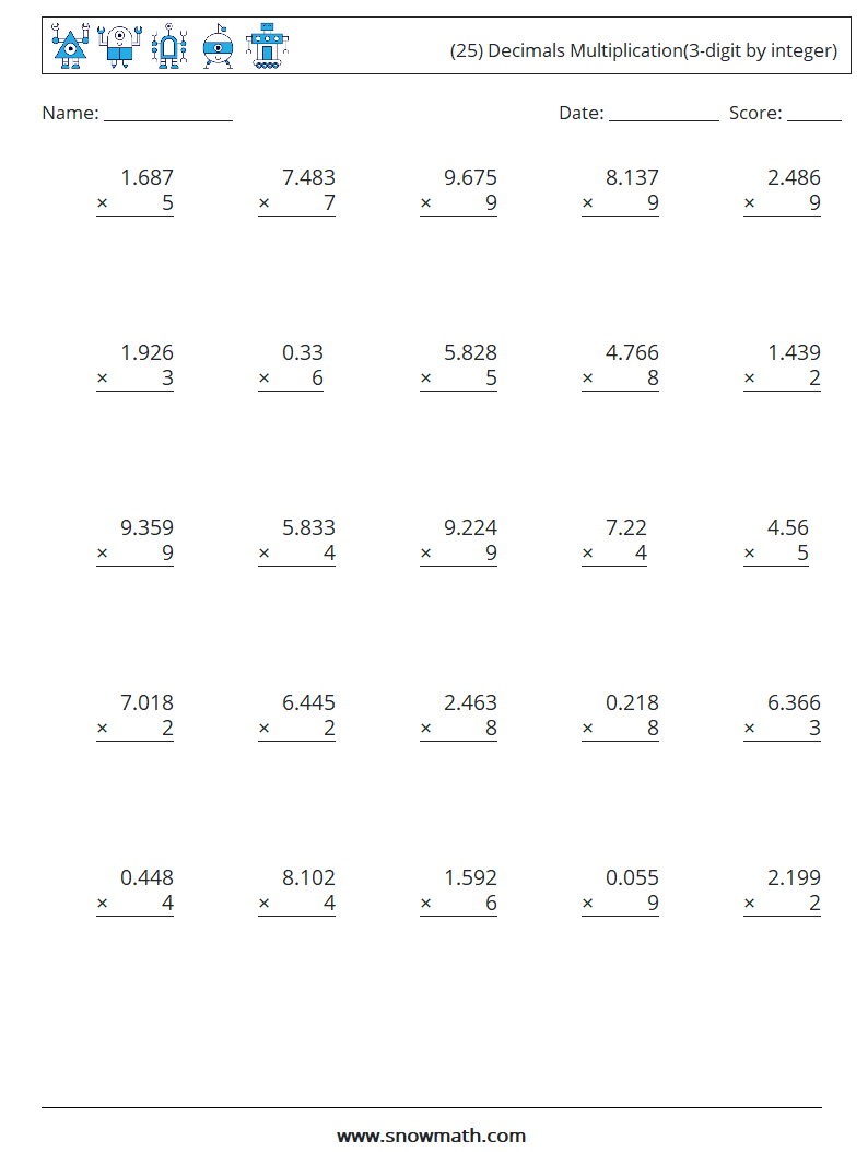 (25) Decimals Multiplication(3-digit by integer) Math Worksheets 3