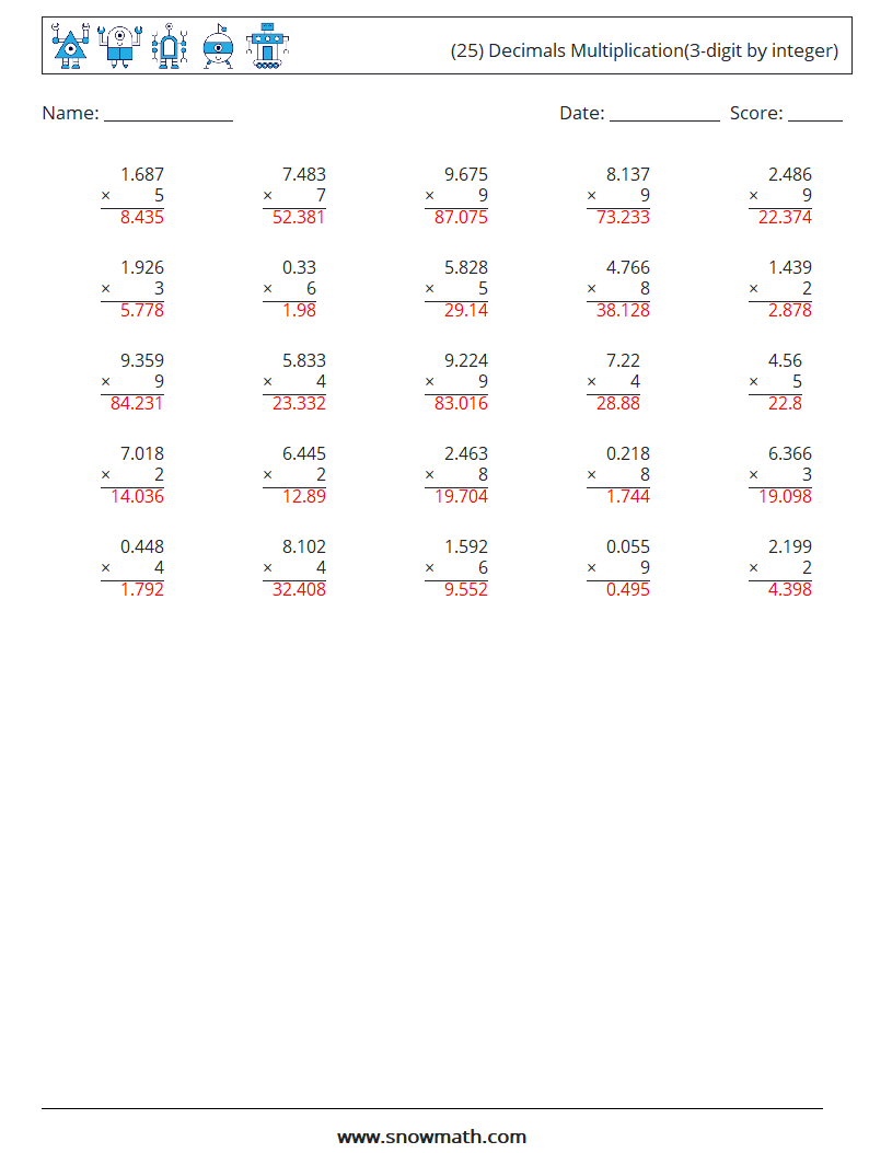 (25) Decimals Multiplication(3-digit by integer) Math Worksheets 3 Question, Answer