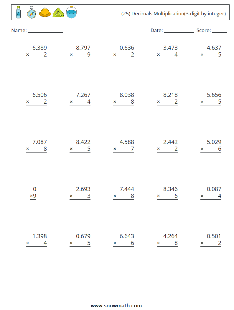 (25) Decimals Multiplication(3-digit by integer) Math Worksheets 4