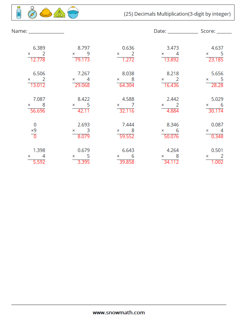 (25) Decimals Multiplication(3-digit by integer) Math Worksheets 4 Question, Answer