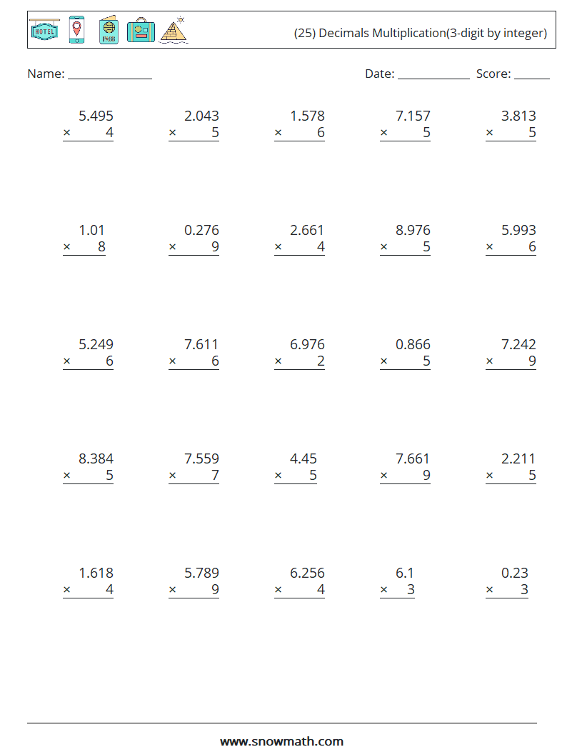 (25) Decimals Multiplication(3-digit by integer) Math Worksheets 5