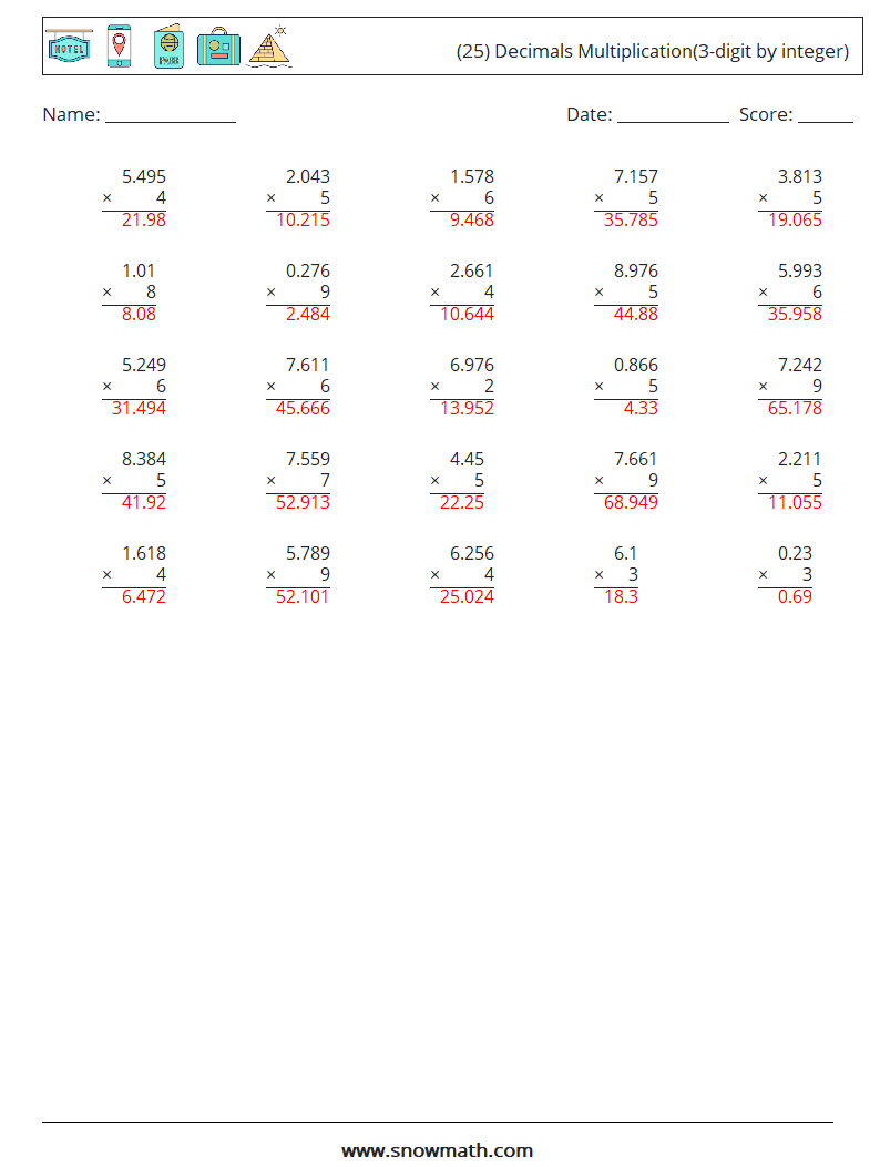 (25) Decimals Multiplication(3-digit by integer) Math Worksheets 5 Question, Answer