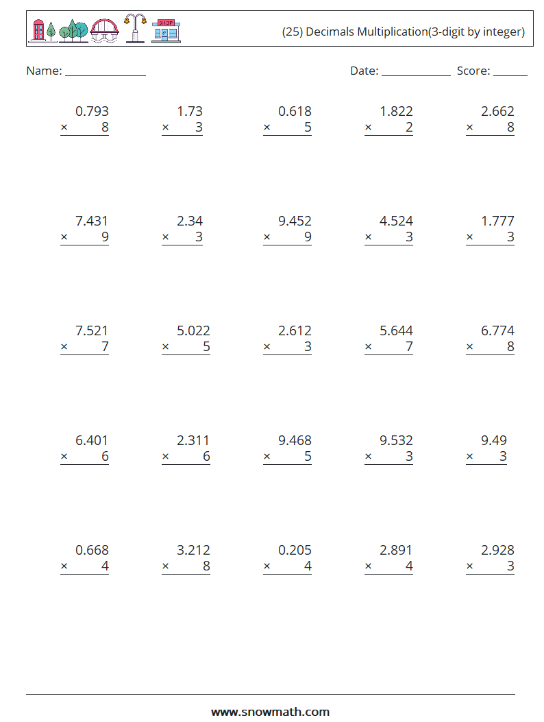 (25) Decimals Multiplication(3-digit by integer) Math Worksheets 6