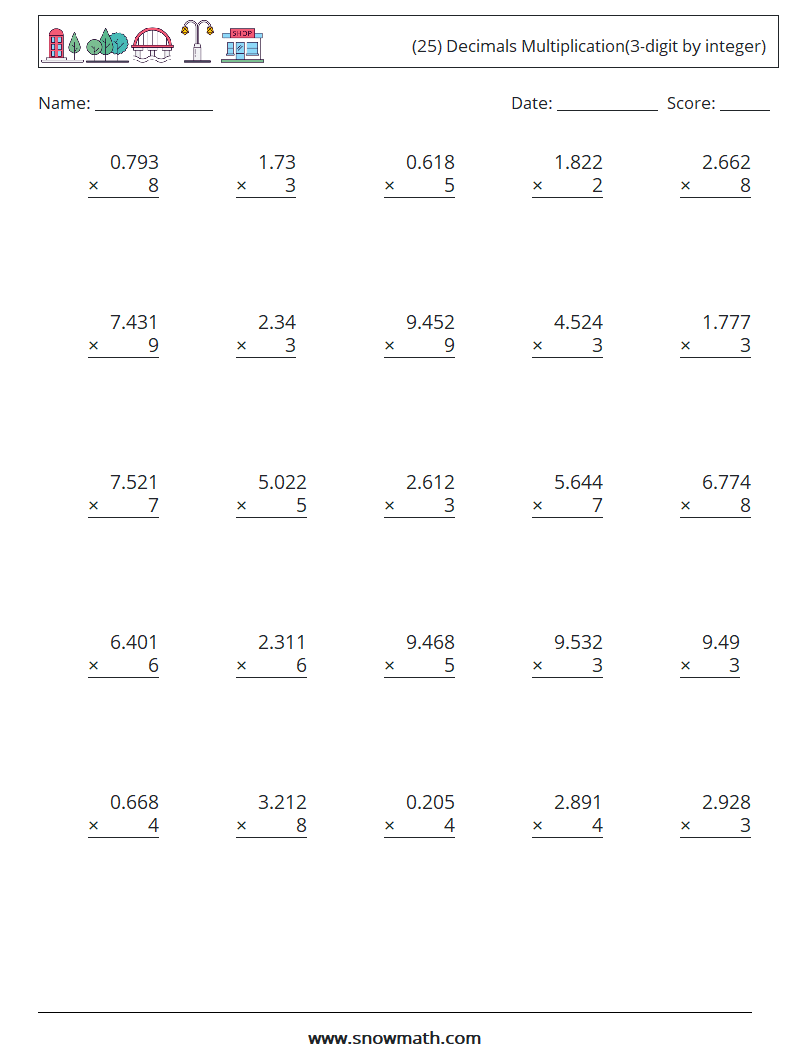 (25) Decimals Multiplication(3-digit by integer) Maths Worksheets 6