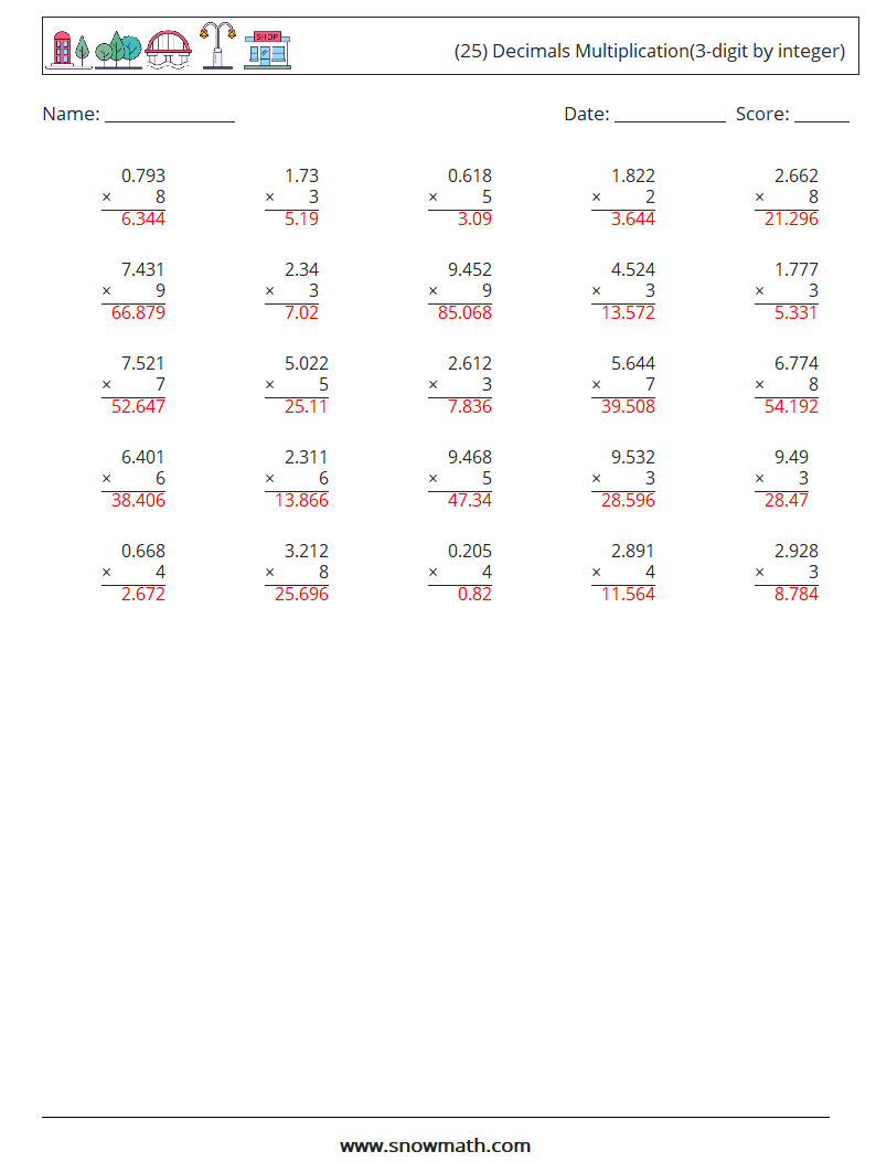 (25) Decimals Multiplication(3-digit by integer) Math Worksheets 6 Question, Answer