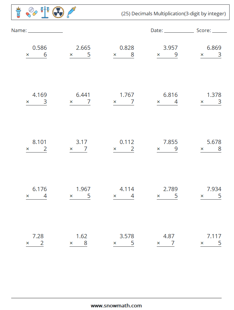 (25) Decimals Multiplication(3-digit by integer) Math Worksheets 7