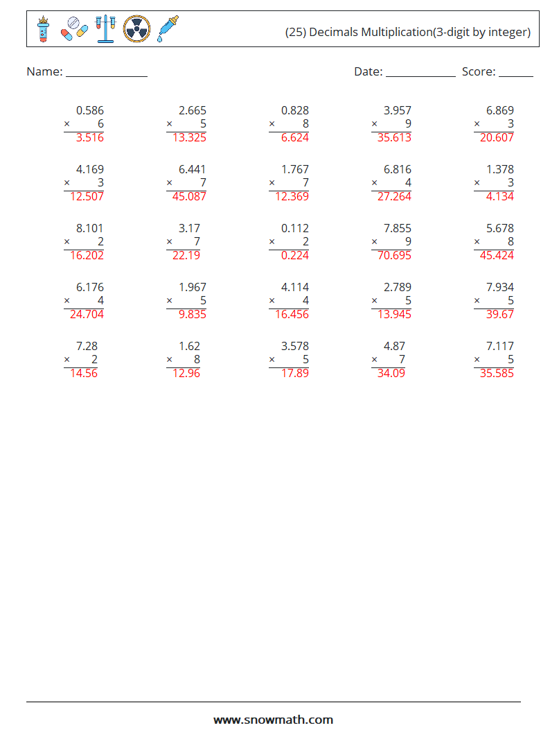 (25) Decimals Multiplication(3-digit by integer) Math Worksheets 7 Question, Answer