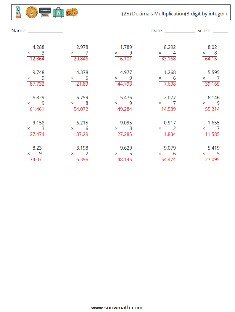 (25) Decimals Multiplication(3-digit by integer) Math Worksheets 8 Question, Answer