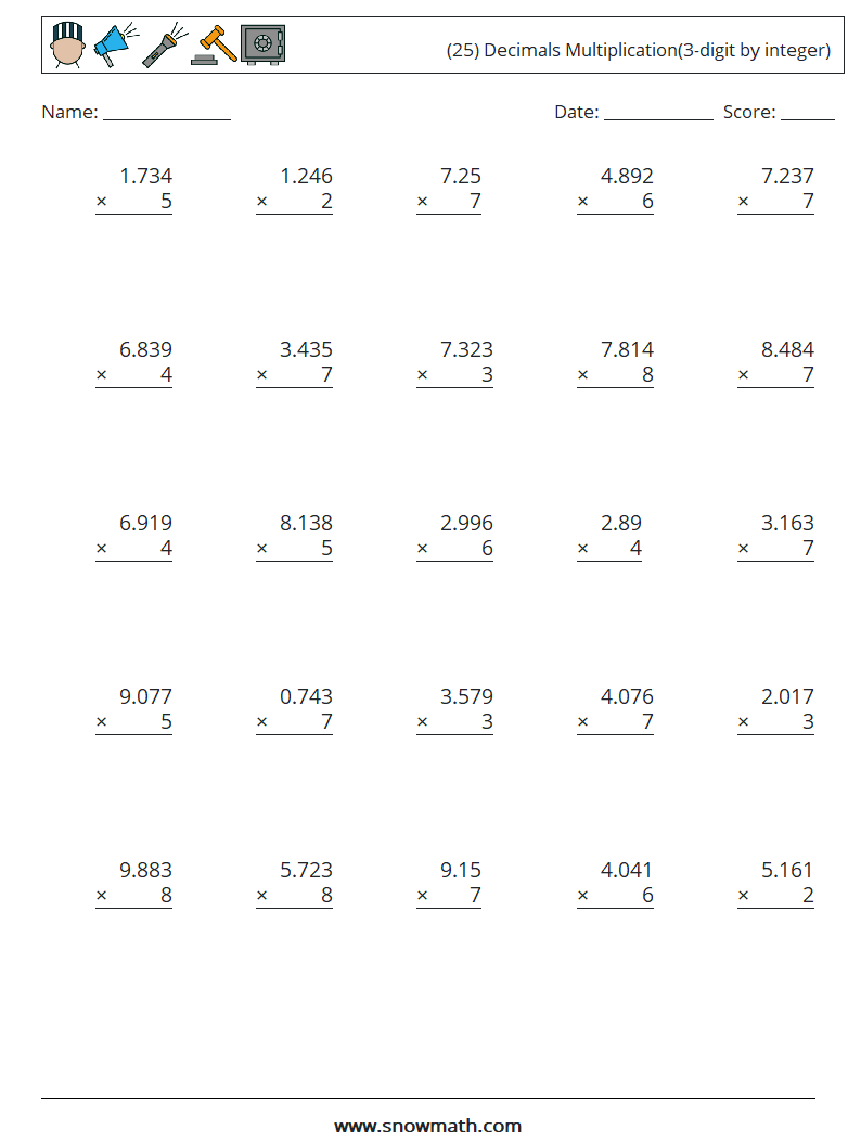 (25) Decimals Multiplication(3-digit by integer) Math Worksheets 9