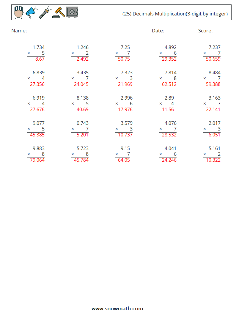 (25) Decimals Multiplication(3-digit by integer) Math Worksheets 9 Question, Answer