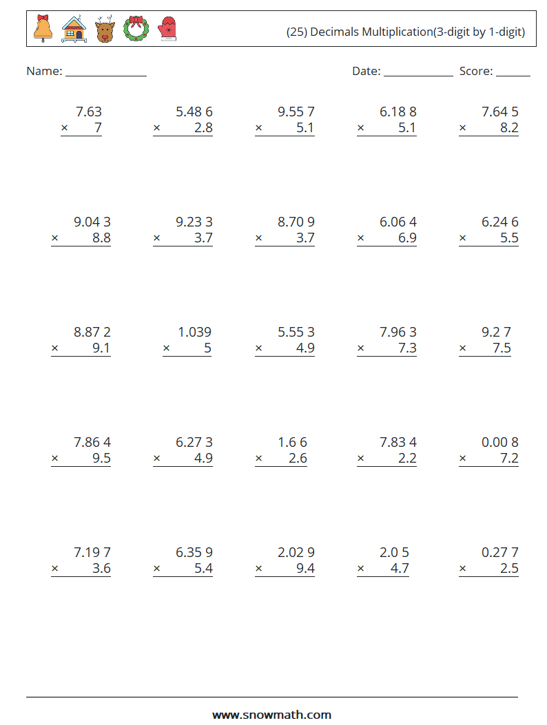 (25) Decimals Multiplication(3-digit by 1-digit) Math Worksheets 1